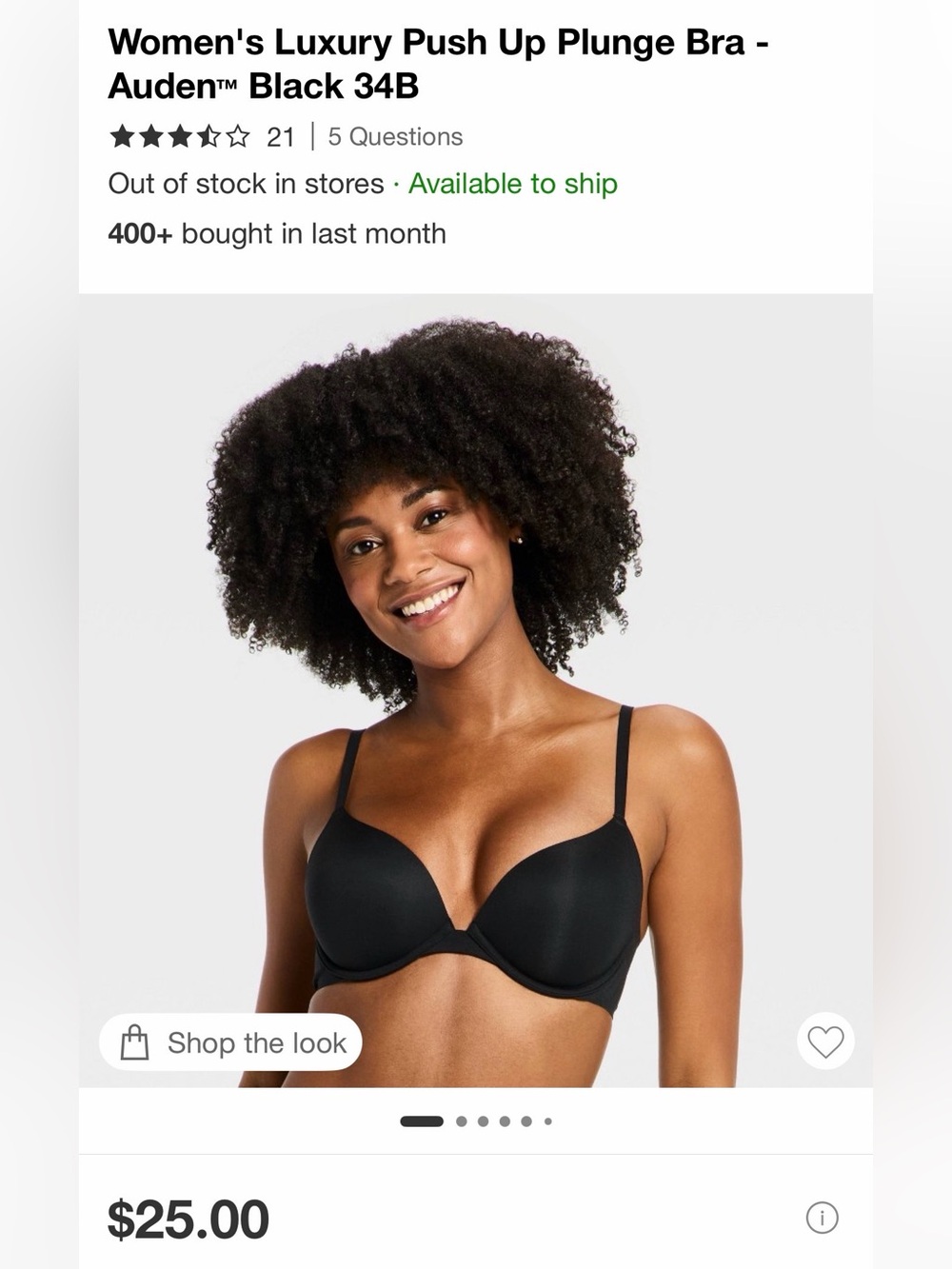 NWT Auden Black Push-Up Plunge Bra